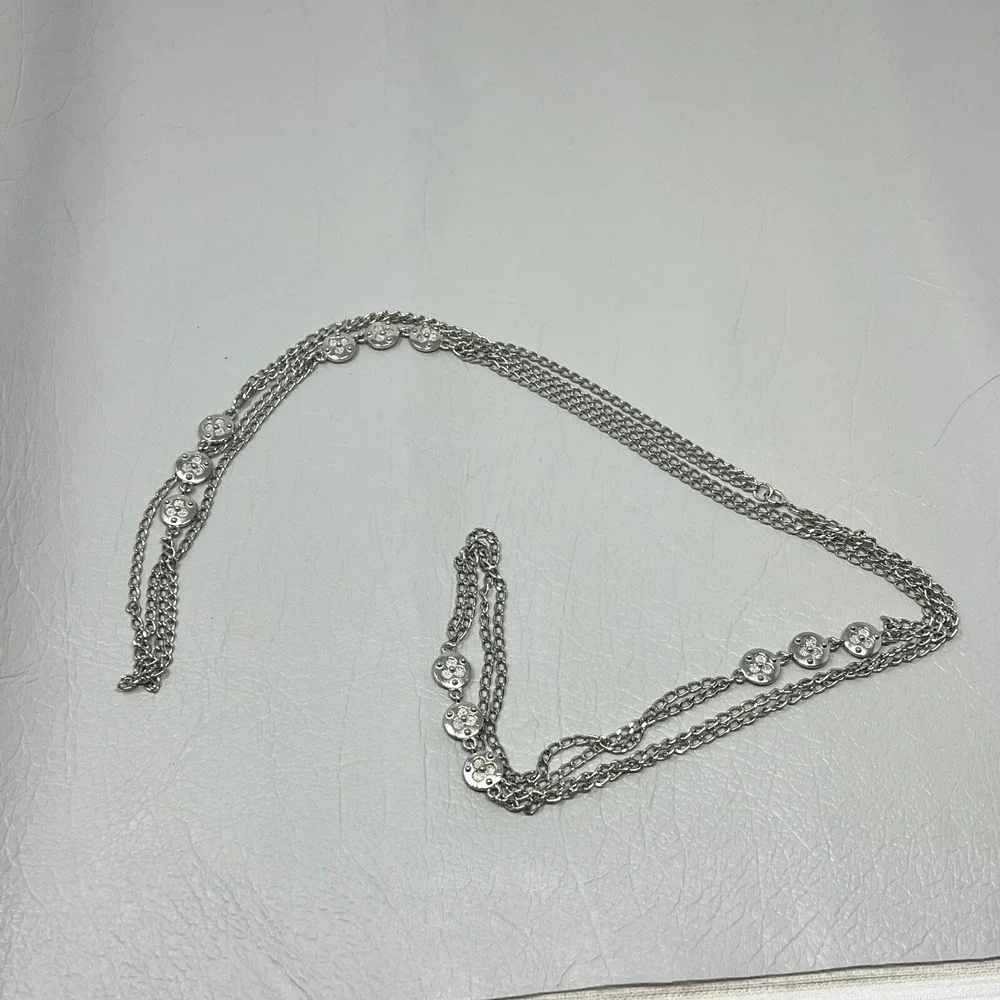 Vintage Silver Tone Chain Necklace Beaded Stations 56 inches‎